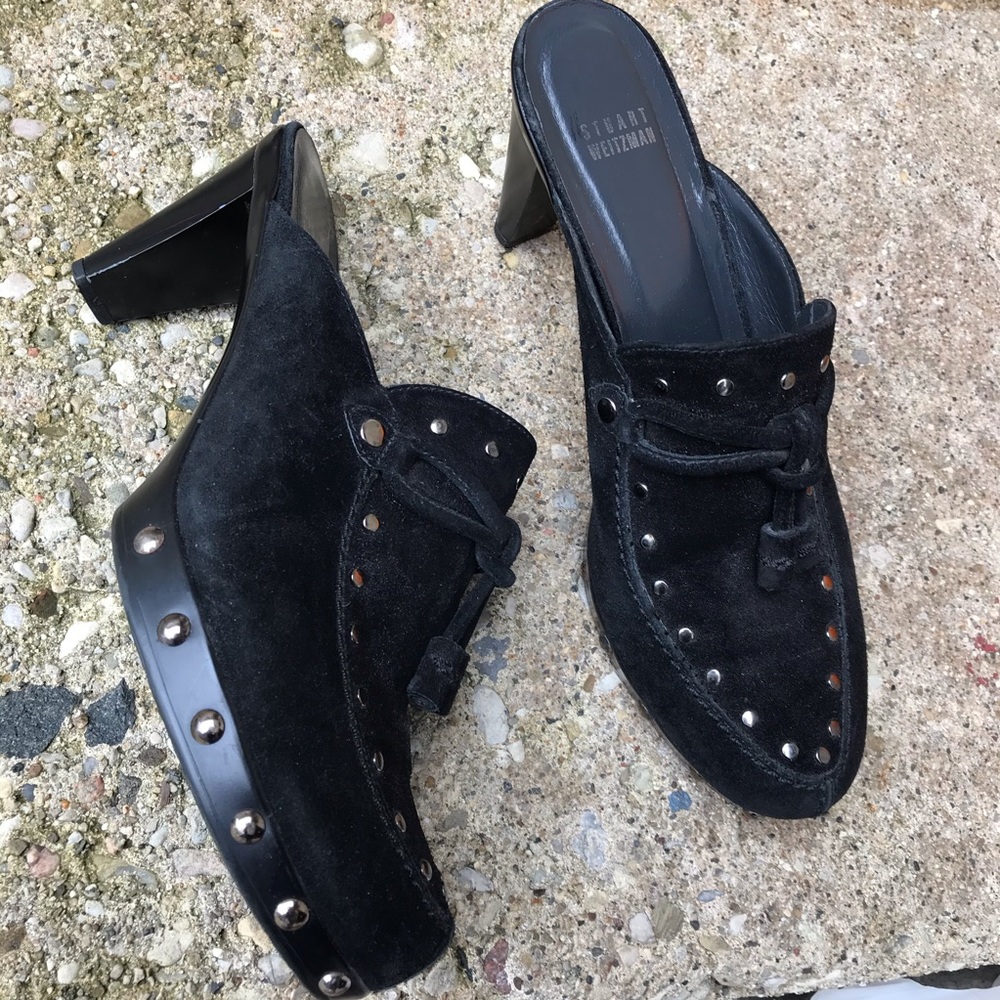 Stuart Weitzman Black Mules with Silver Accents